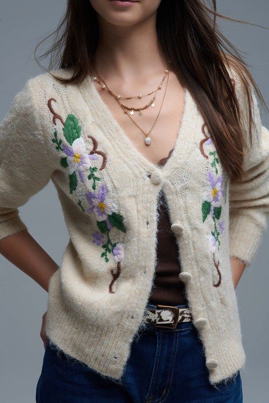 Beige Flower Cardigan