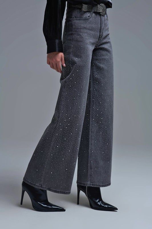 Black Rhinestone Wide-leg Jeans