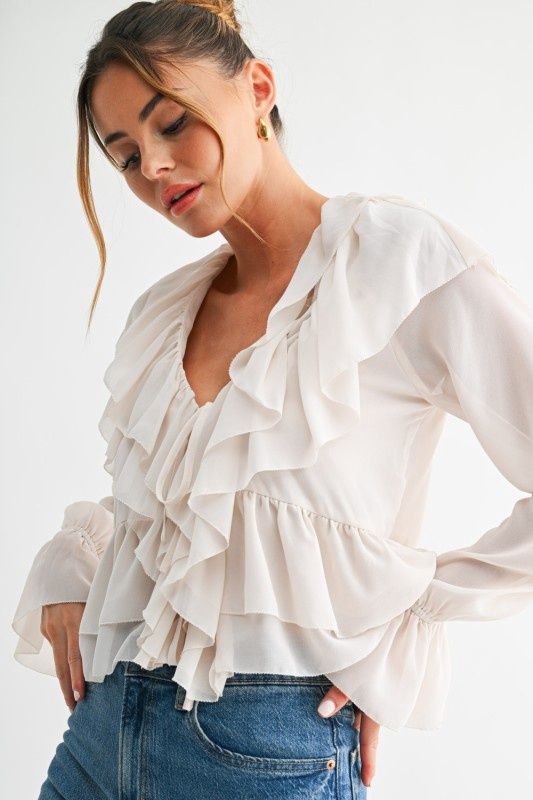 Cascading Ruffle Tie Blouse