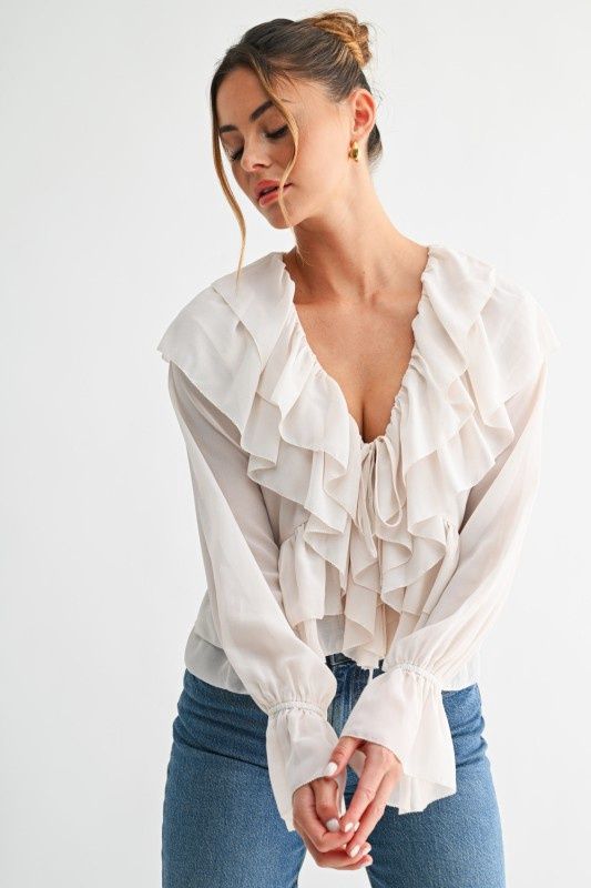 Cascading Ruffle Tie Blouse