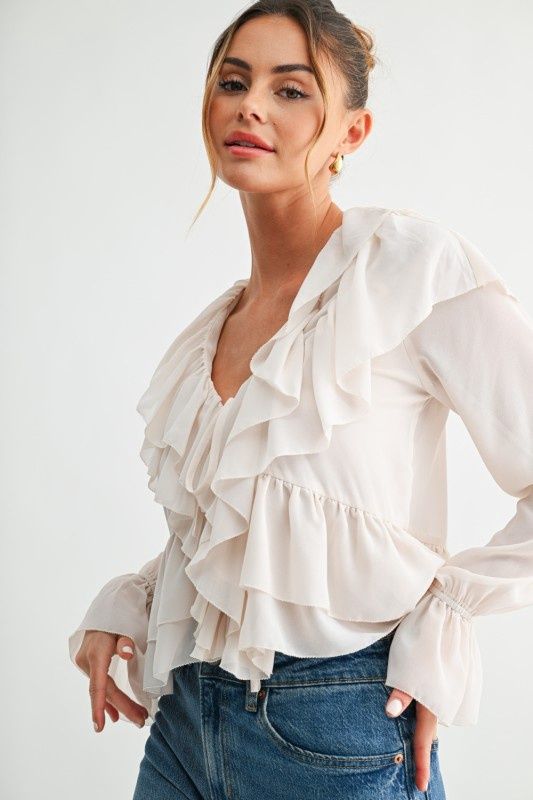 Cascading Ruffle Tie Blouse