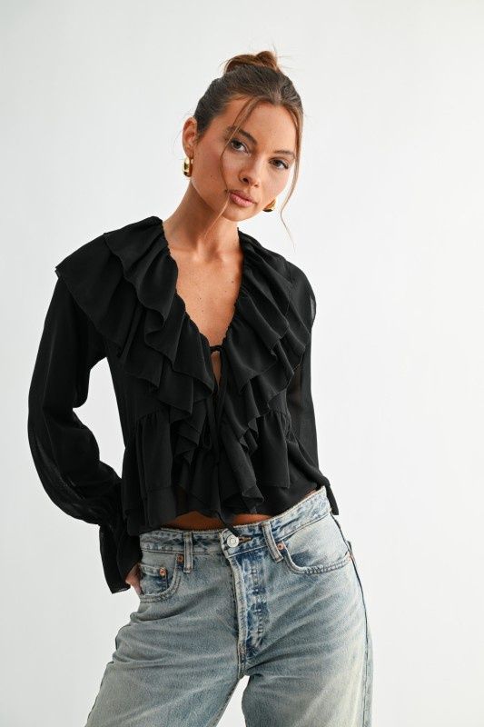 Cascading Ruffle Tie Blouse