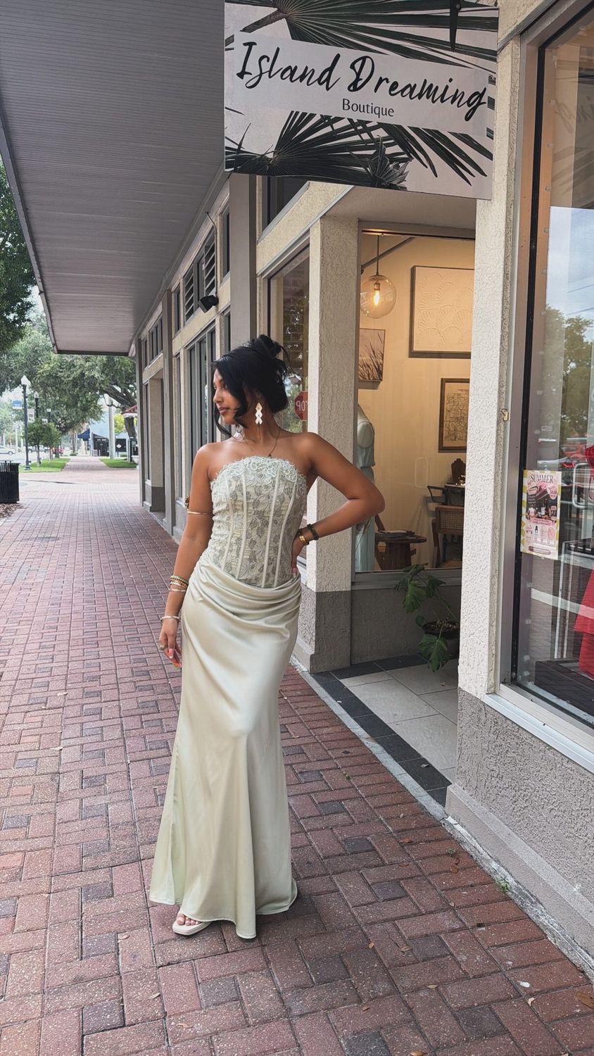Sage Corset Satin Drape Dress