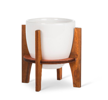 Planter Abbott White Pot With Wooden Stand Small Planter Abbott White Pot With Wooden Stand Small