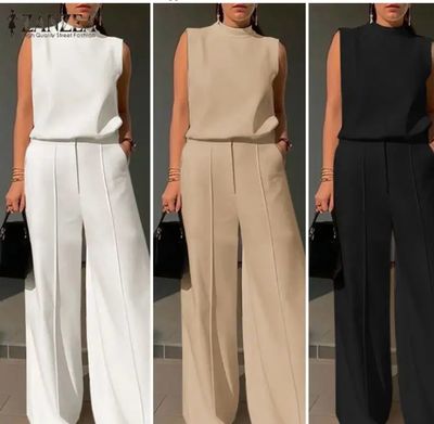 ZANZEA Summer Elegant OL Work Suit 2PCS Sleeveless O-Neck Tank Tops Loose Trousers Woman Stylish Solid Urban Outifits Oversize