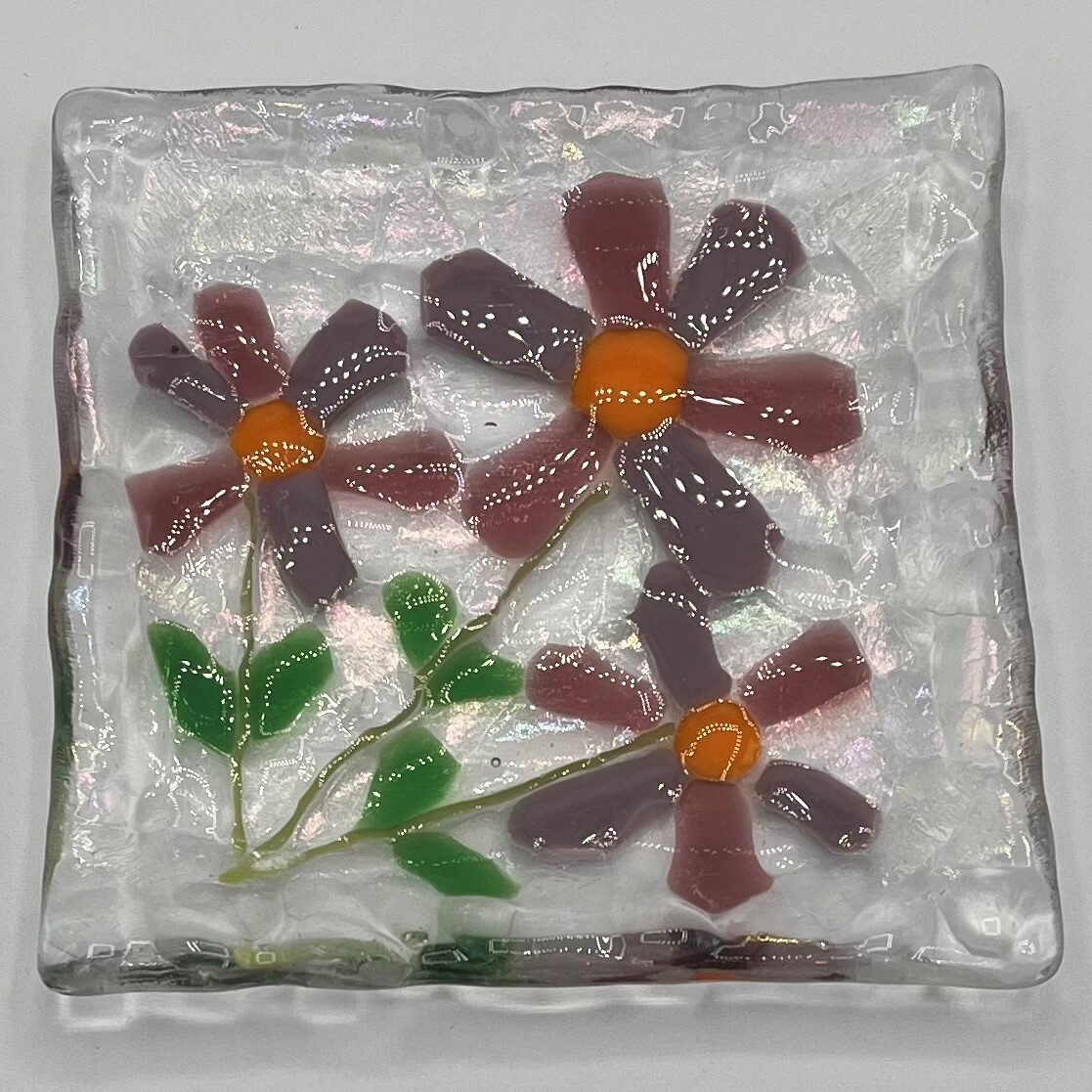 Courtney Malone, Fused Glass Dish, Purple flowers