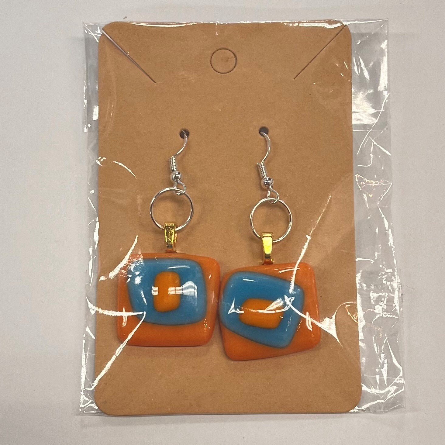Alphonso Rowe, Orange and blue squares glass earrings