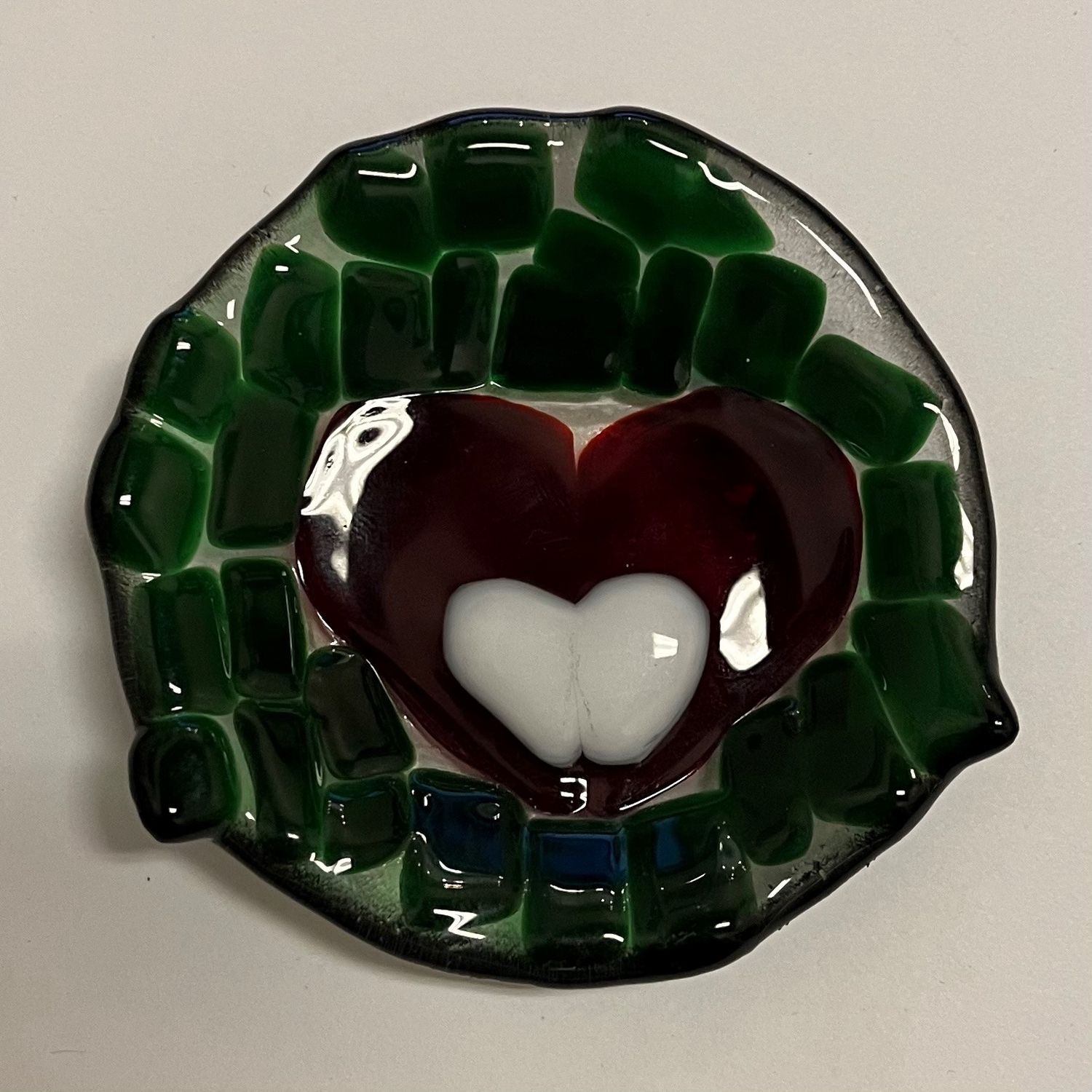 Kara Burgdorf, Glass Ring Dish, Red and White Heart on green background