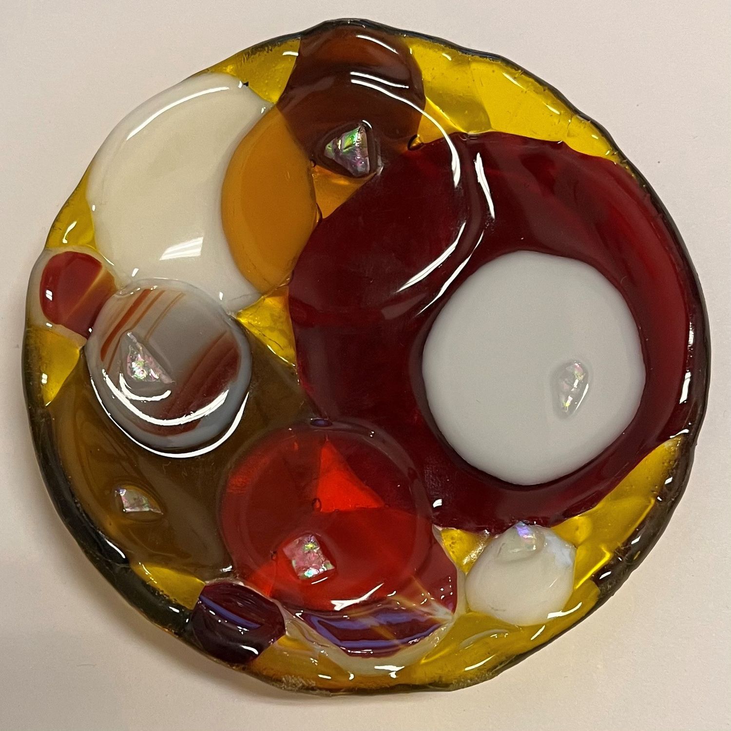 Liz Pfeiffer, Small Glass Dish, Red, White and Orange Circles on yellow background