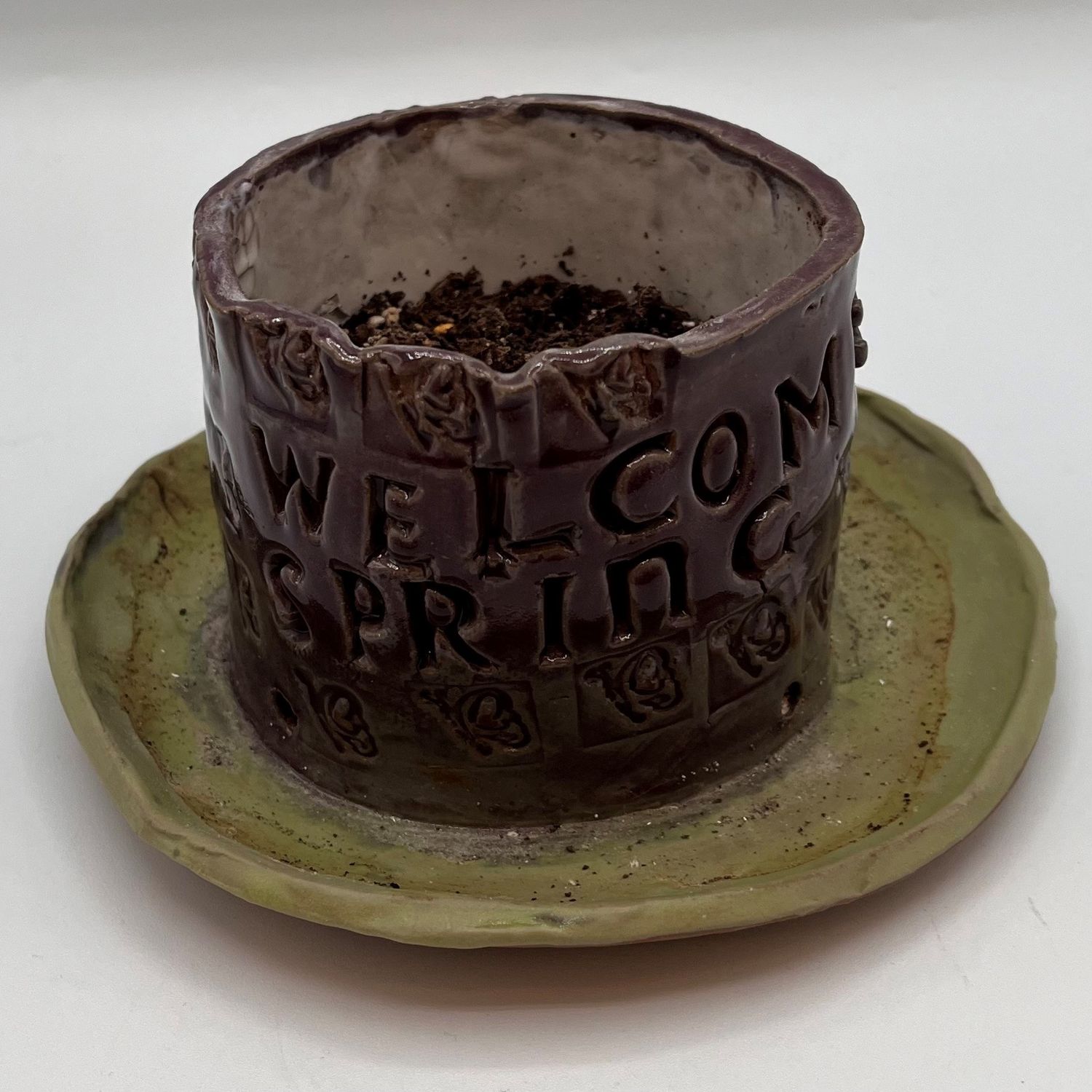 Kara Burgdorf, Medium Planter, Purple with &#39;Welcome Spring&#39;
