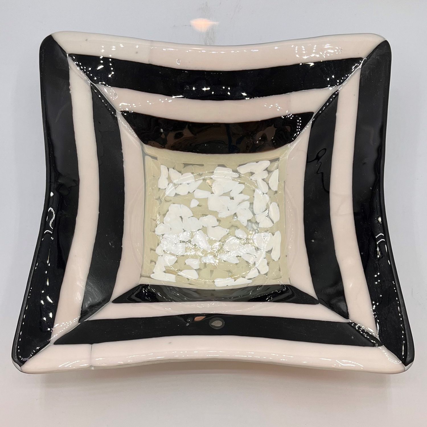 Jody Mann, Square Fused Glass Dish, Black, White and Gray Shapes and Stripes