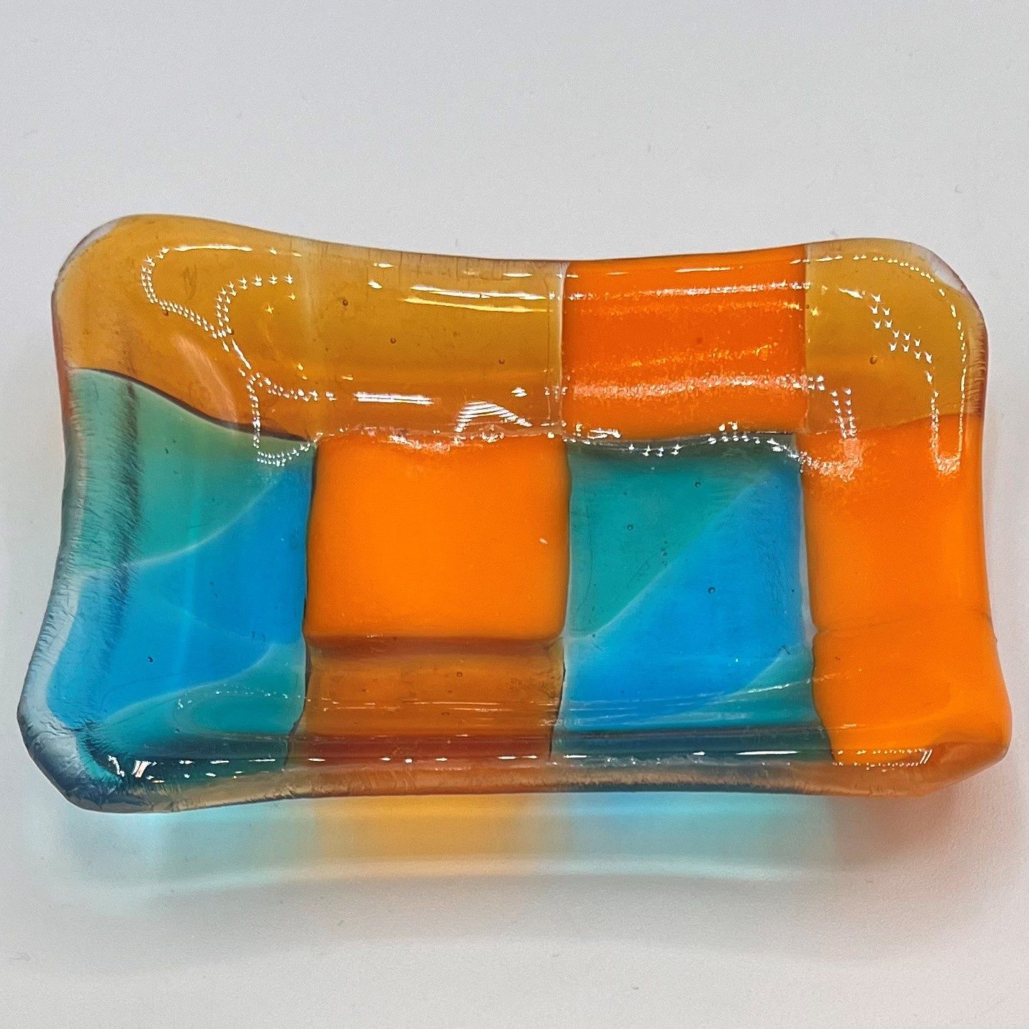 Steve Gall, Fused Glass Soap Dish, Blue and Orange Squares