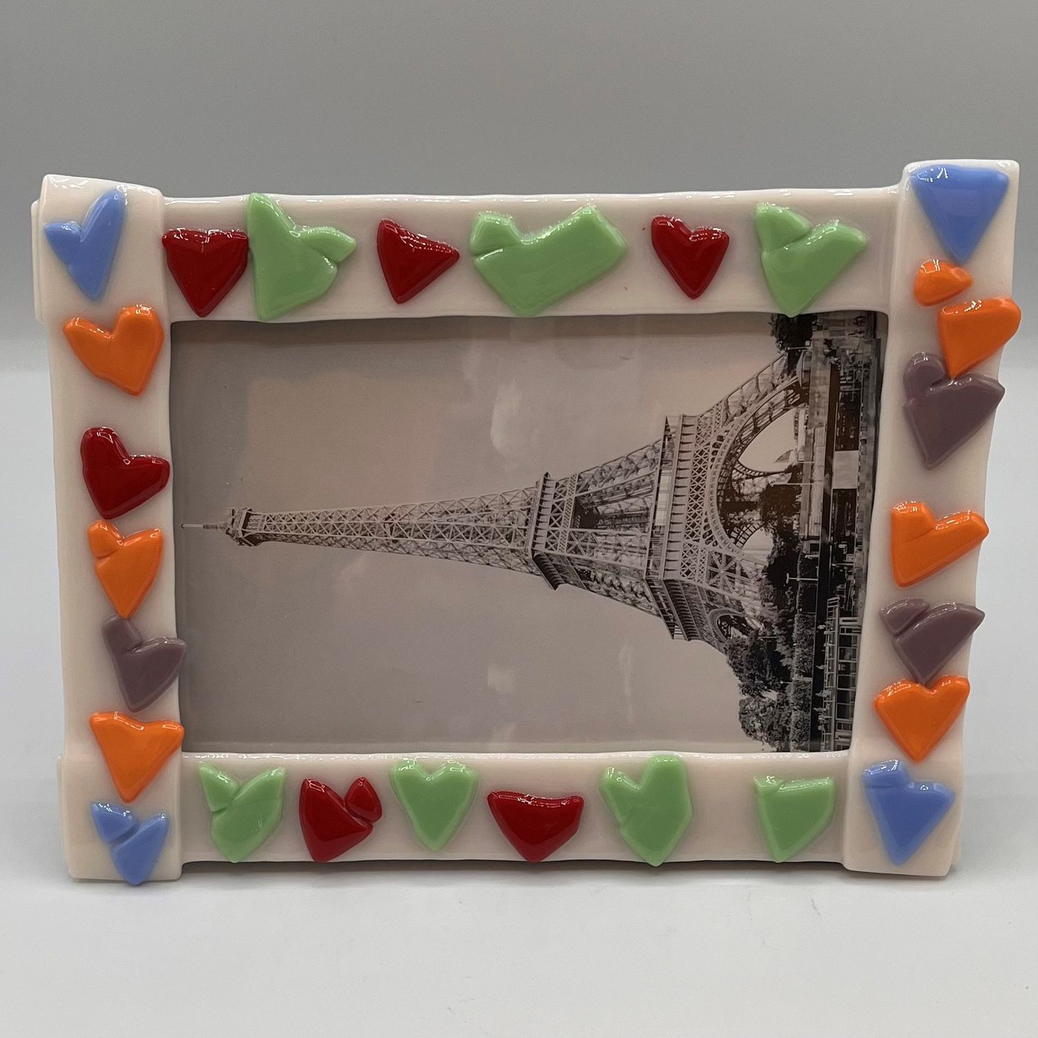 Kara Burgdorf, Fused Glass Frame, Colorful Hearts on White Background