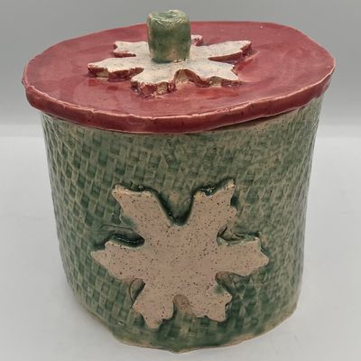 Bobbie Jo Robinson, Ceramic Lidded Container, Red and Green Snowflake Design