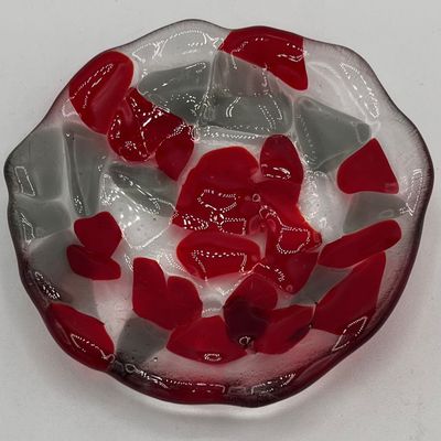 Studio, Fused Glass Ring Dish, Red and Grey Spots
