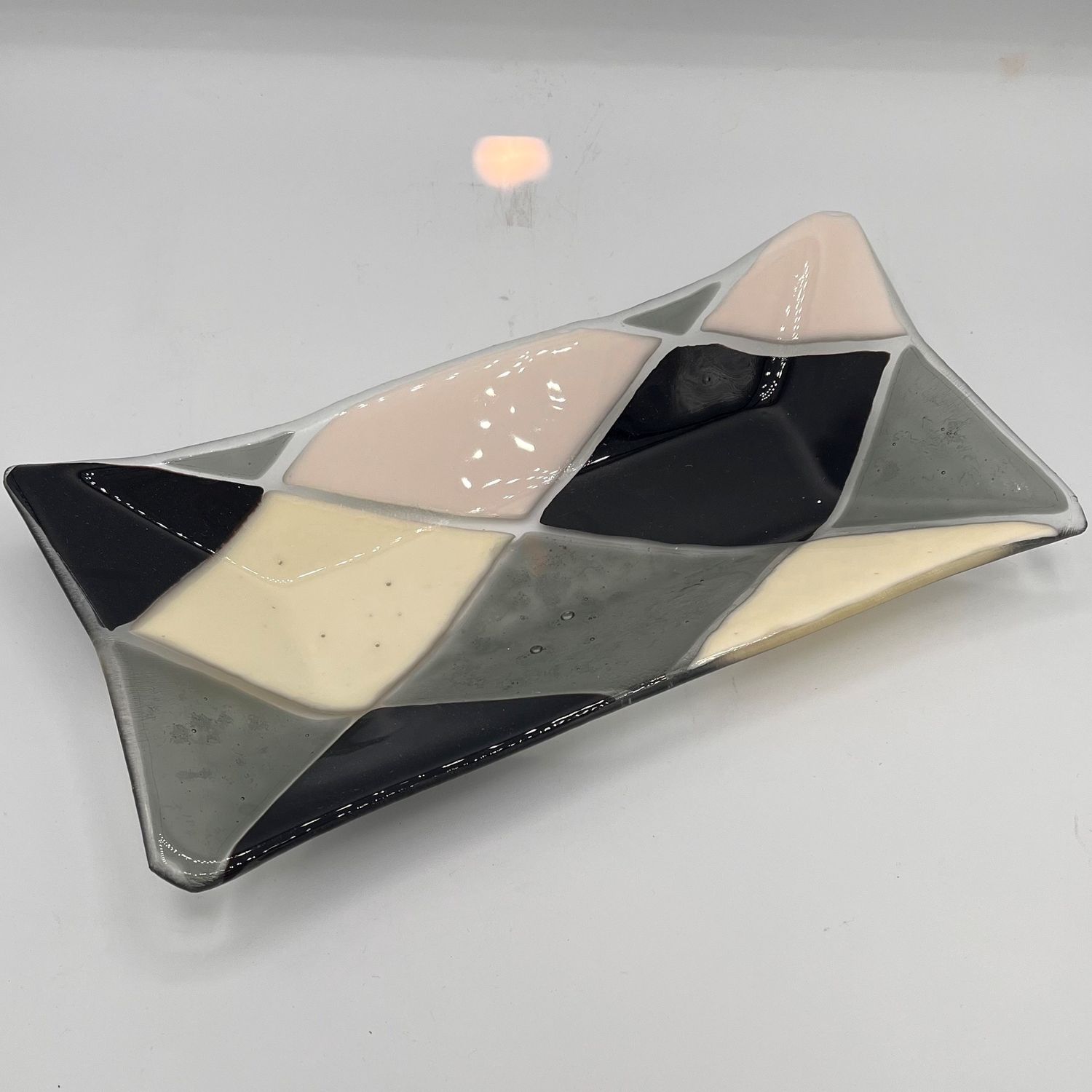 Meredith Bokeno, Fused Glass Dish, Black, White, and Grey Shapes