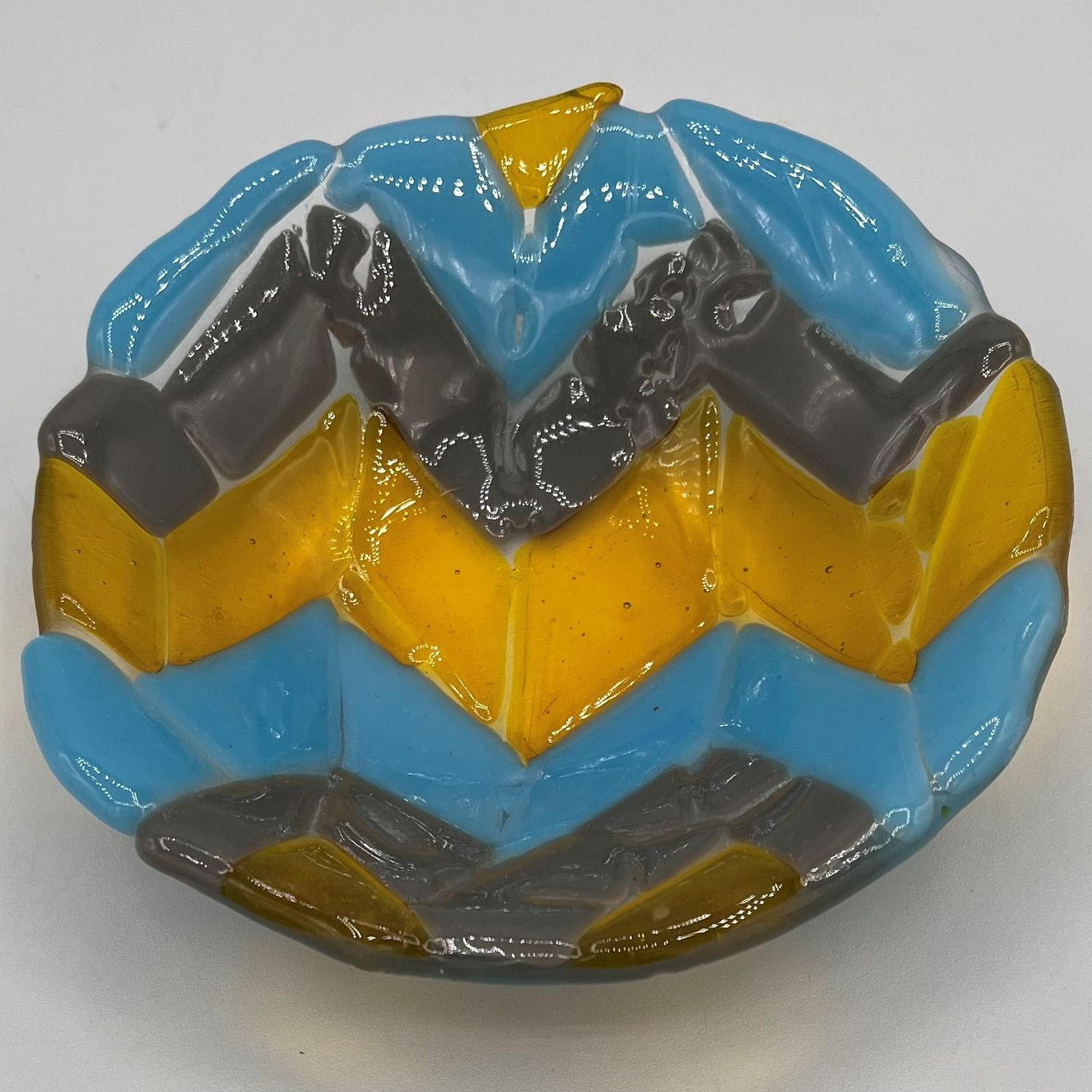 Kathleen Honeycutt, Fused Glass Bowl, Yellow, Blue and Grey Zig-Zags
