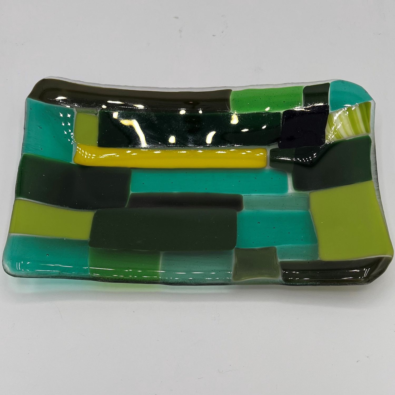 Kaitlin Moser, Fused Glass Dish, Green Rectangles and Squares