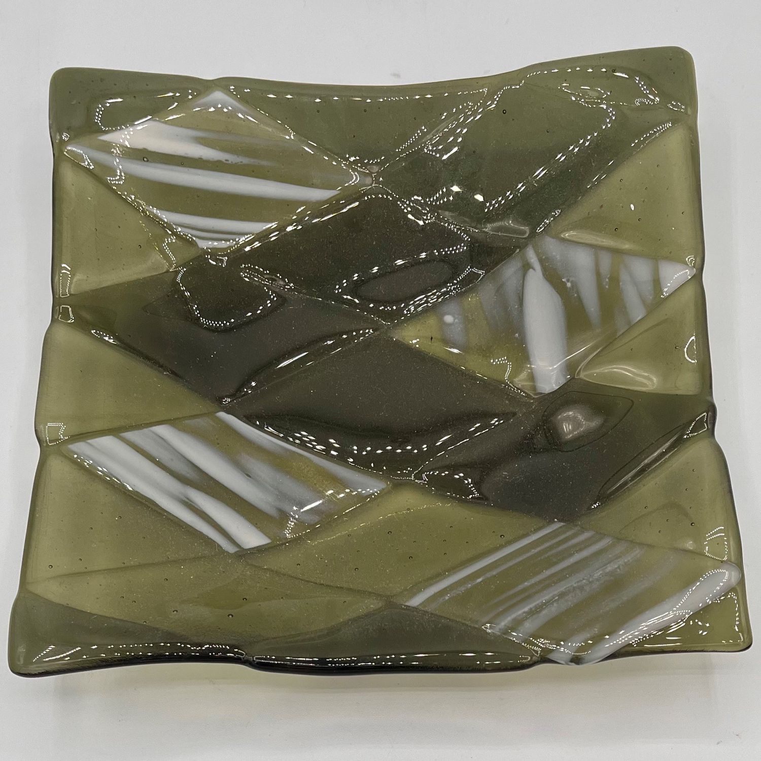 Studio, Fused Glass Dish, Green and White Design
