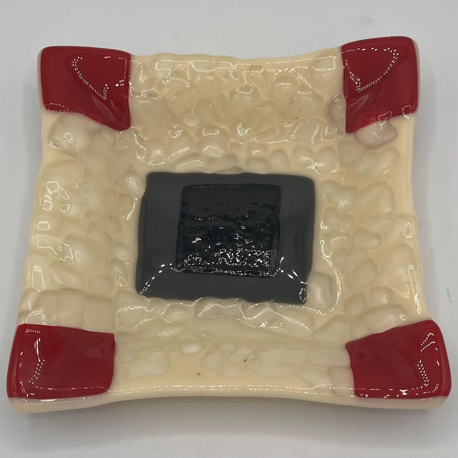 Alphonso Rowe, Fused Glass Dish, Red, Cream, and Grey Design