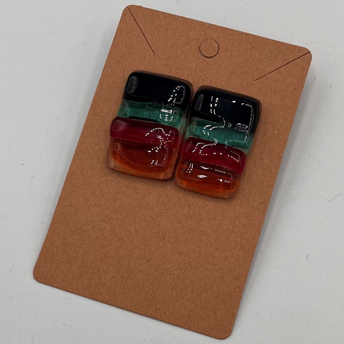 Theresa Allen, Fused Glass Earrings, Black, Blue, Red and Orange Design