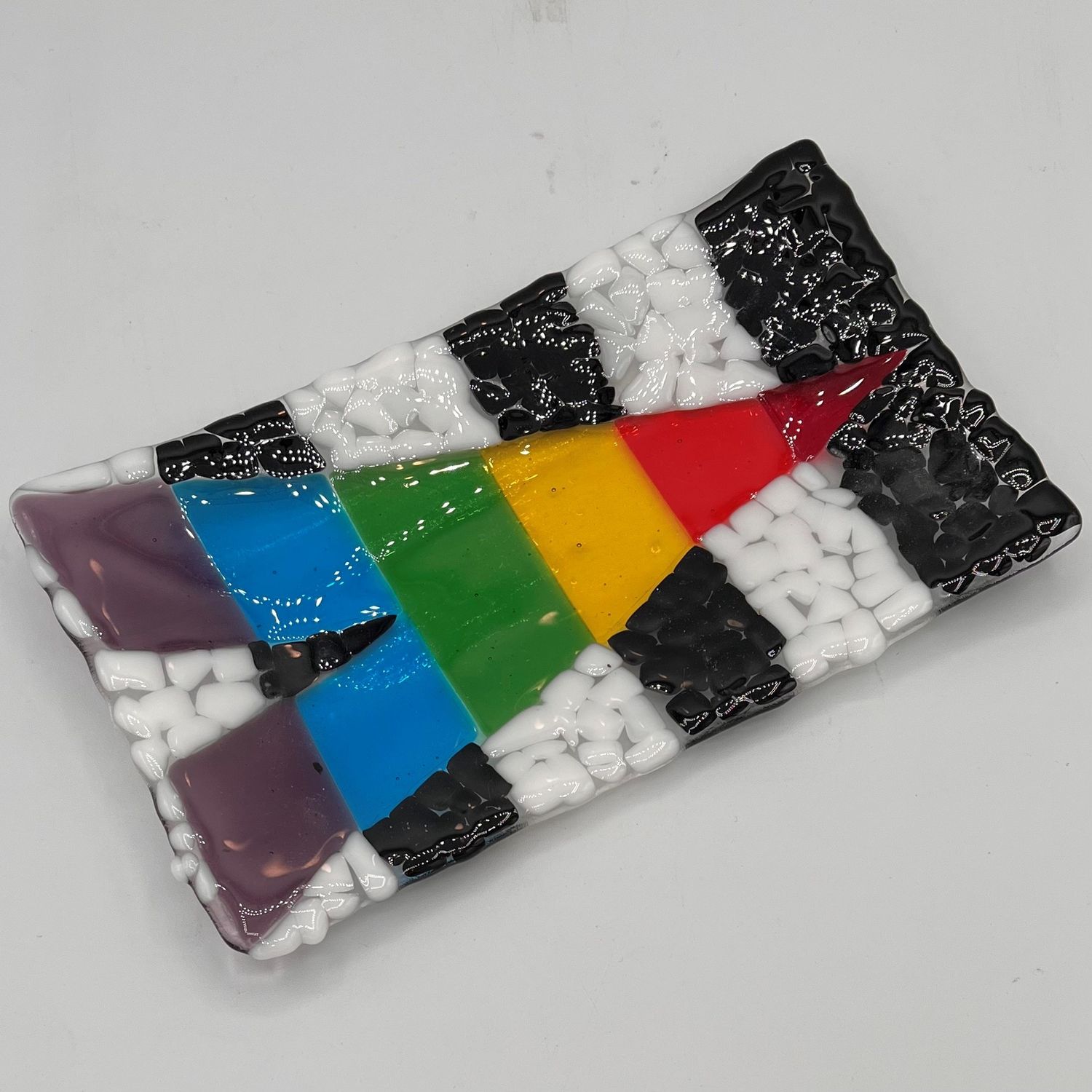 Morgan Gattermeyer, Fused Glass Dish, Rainbow Symbol on Black and White Background