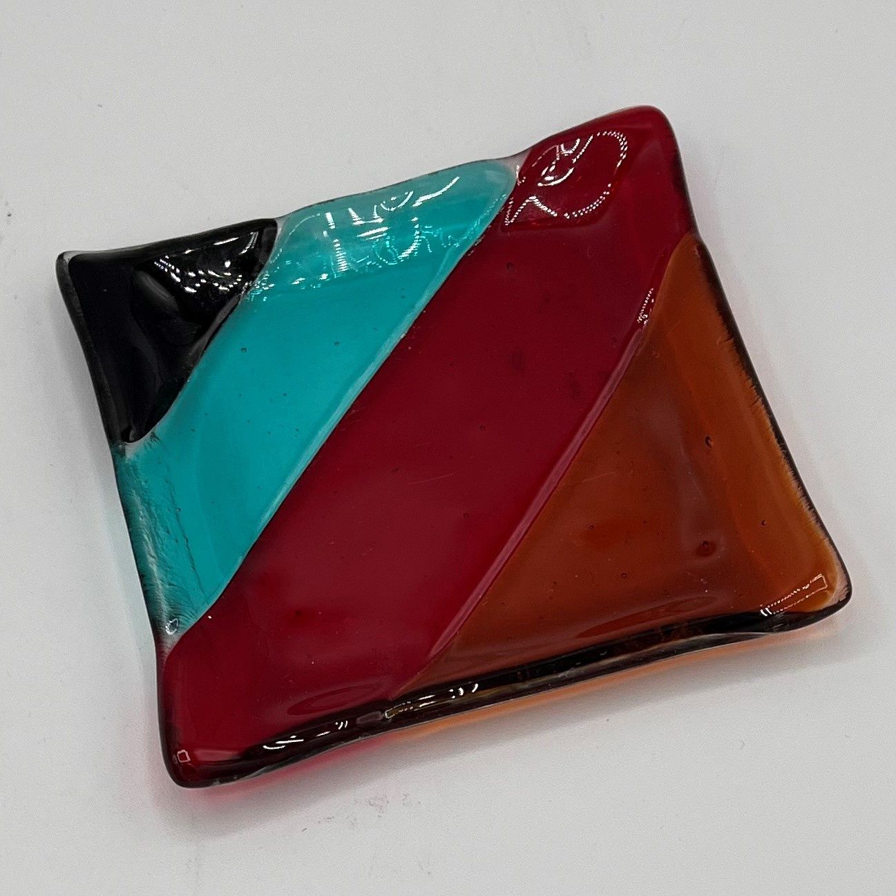 Theresa Allen, Fused Glass Dish, Orange, Red, Blue and Black Stripes