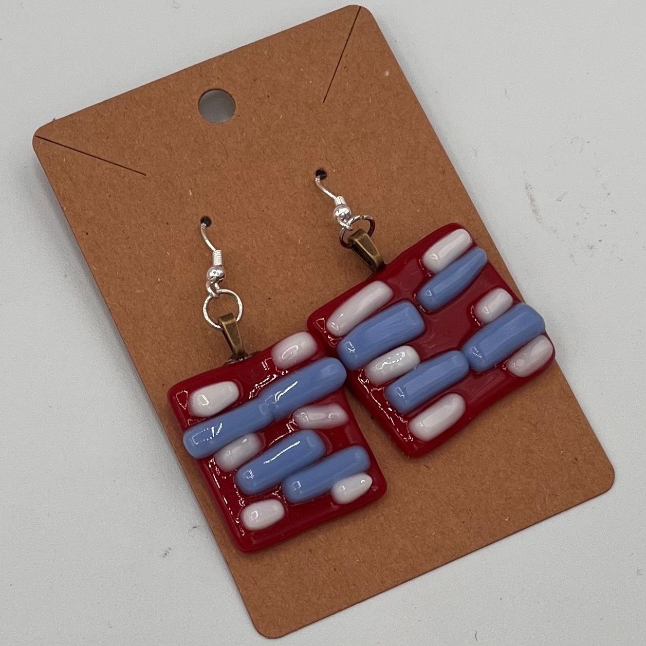 Andrea Walker, Fused Glass Earrings, Red, White and Blue Bricks