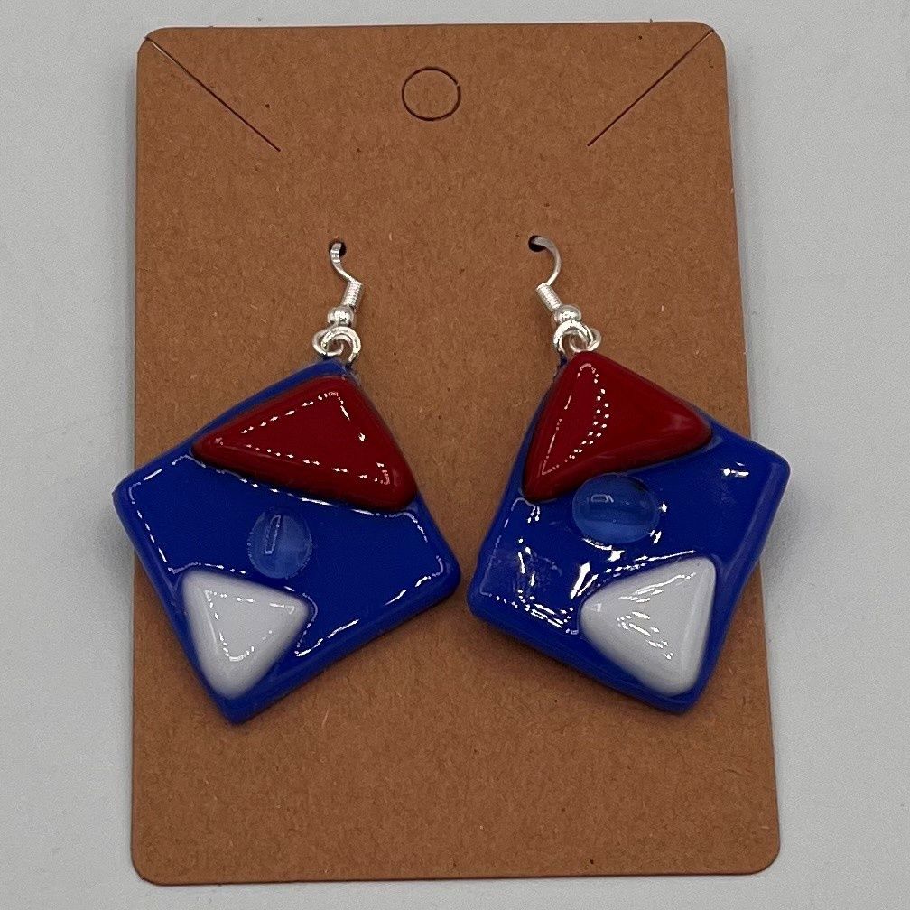 Alphonso Rowe, Fused Glass Earrings, Red, White and Blue Diamond