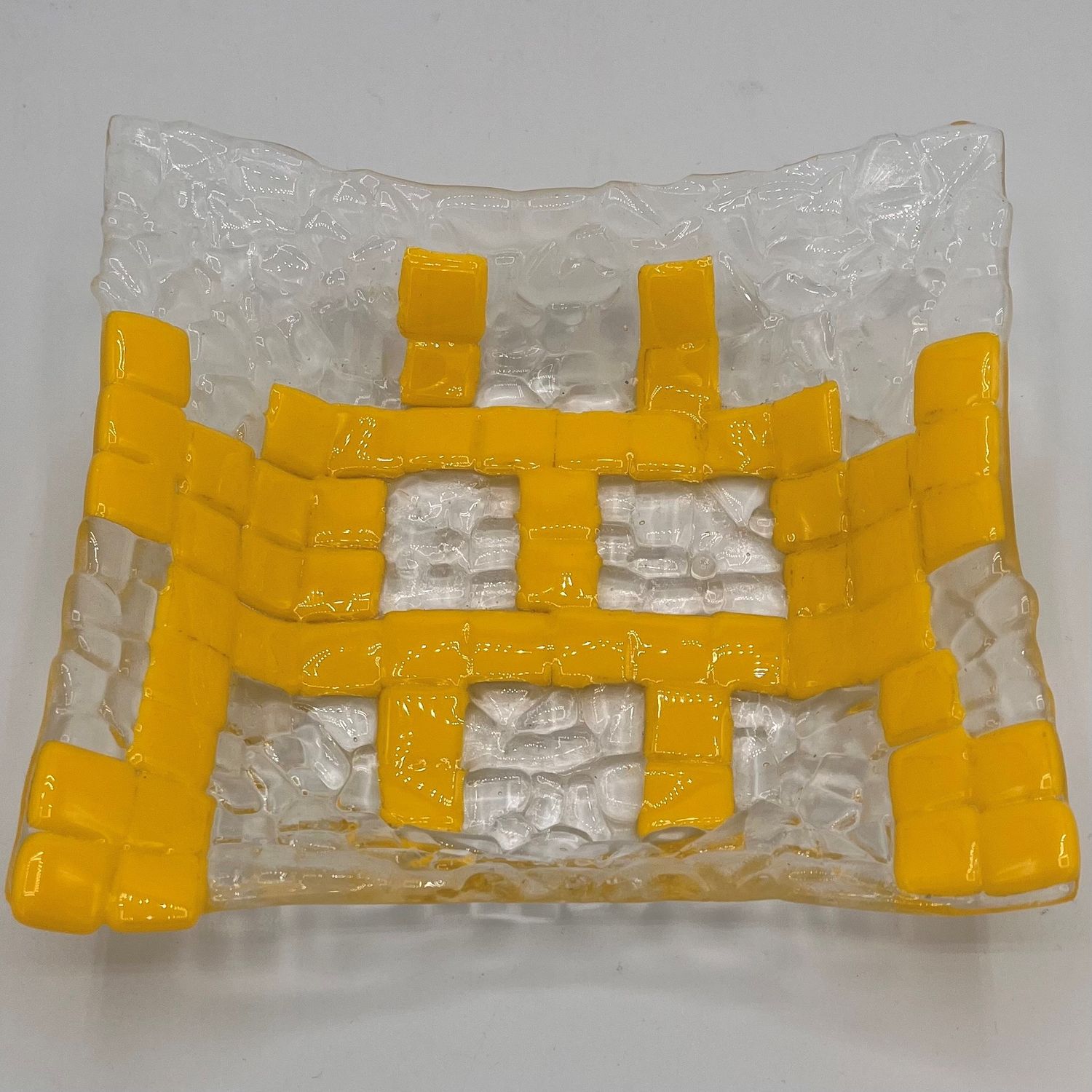 Studio, Fused Glass Dish, Yellow Pixel Creature