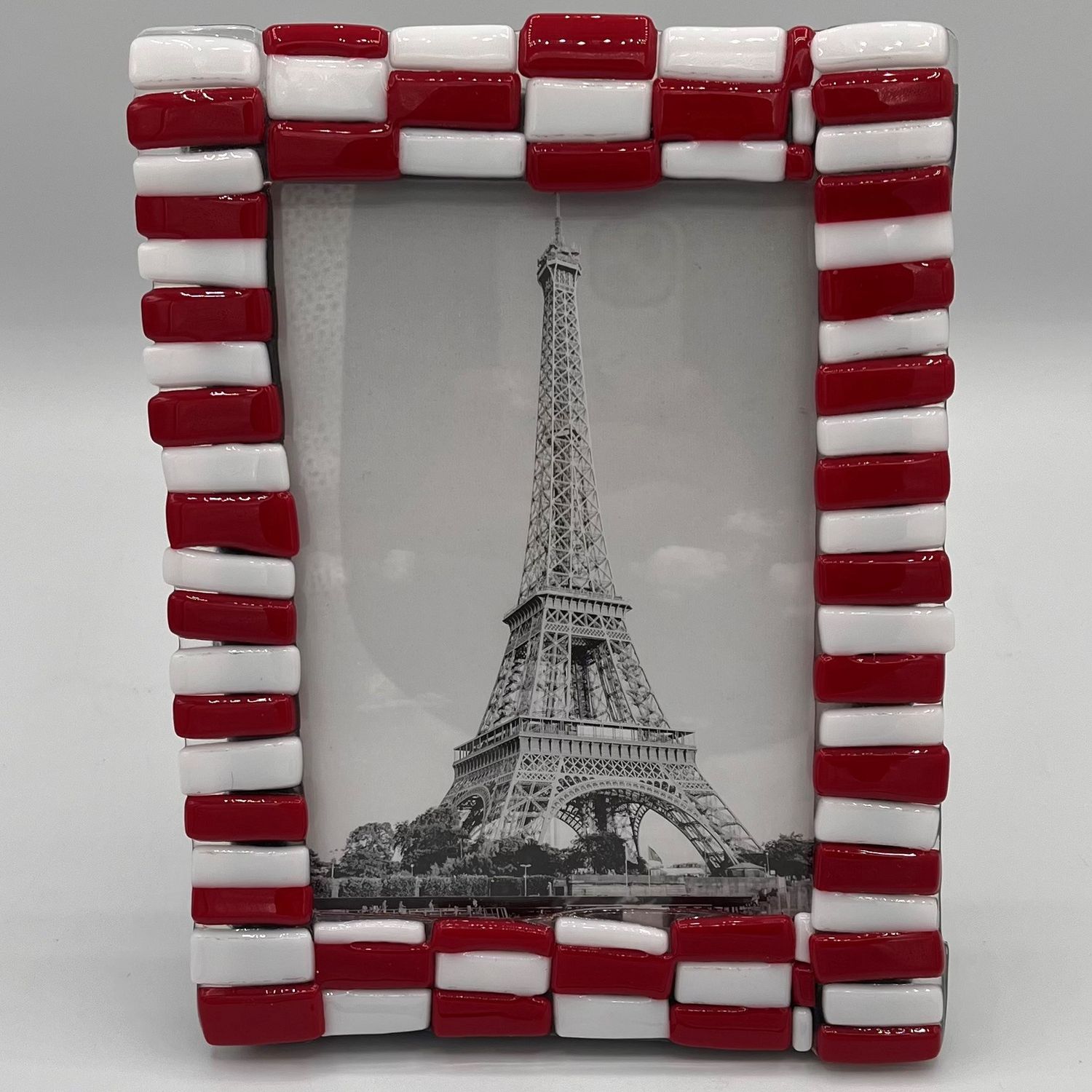 Meredith Bokeno, Fused Glass Frame, Red and White Rectangles