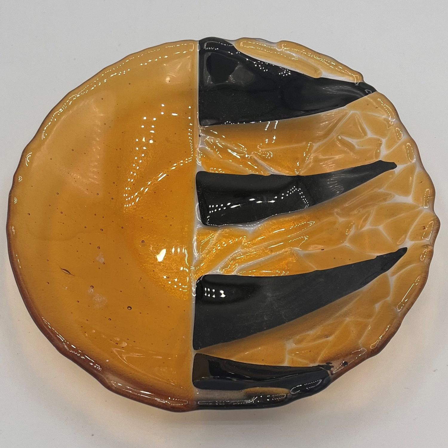 Jody Mann, Fused Glass Bowl, Orange and Black Design