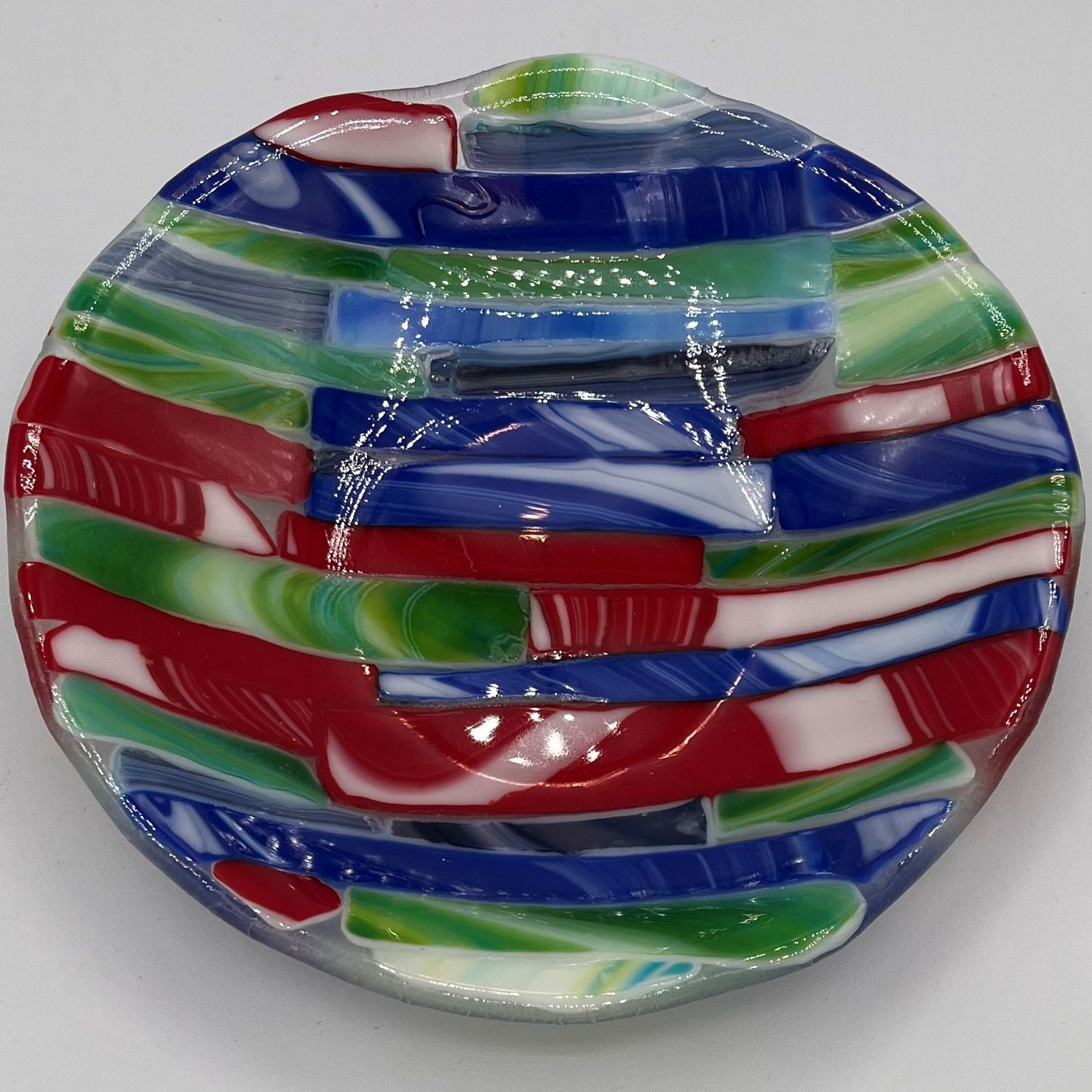 Christina Hanes, Fused Glass Bowl, Streaky Red, Green and Blue Rectangles