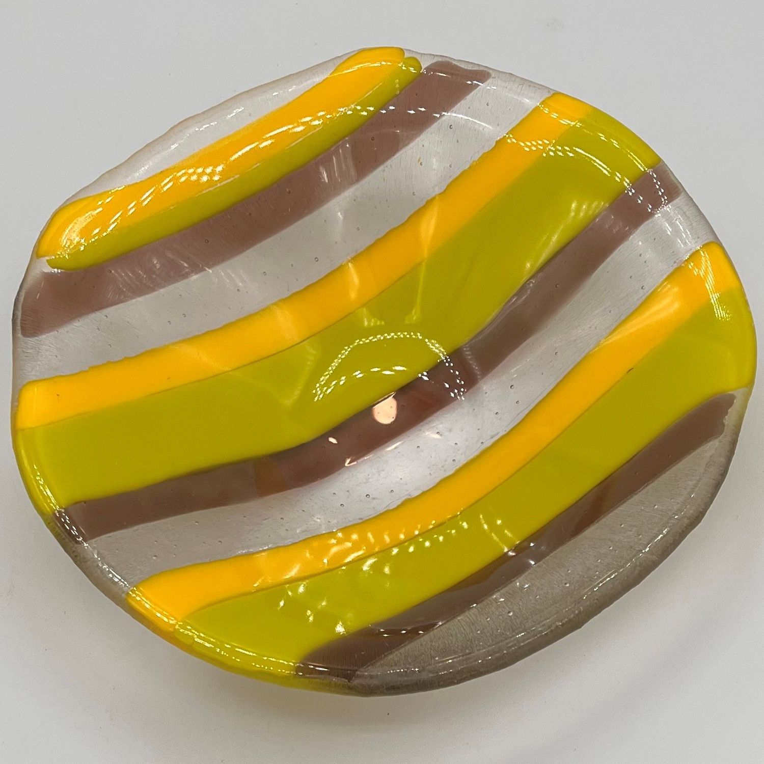 Alphonso Rowe, Fused Glass Bowl, Yellow, Green and Brown Stripes