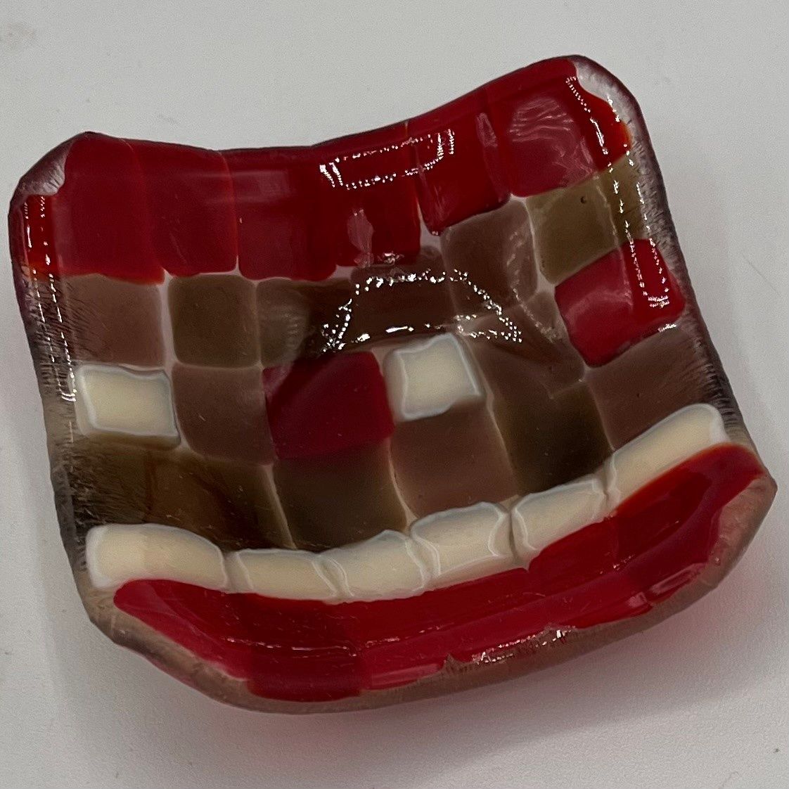 Liz Pfeiffer, Fused Glass Ring Dish, Red, Brown and White Squares