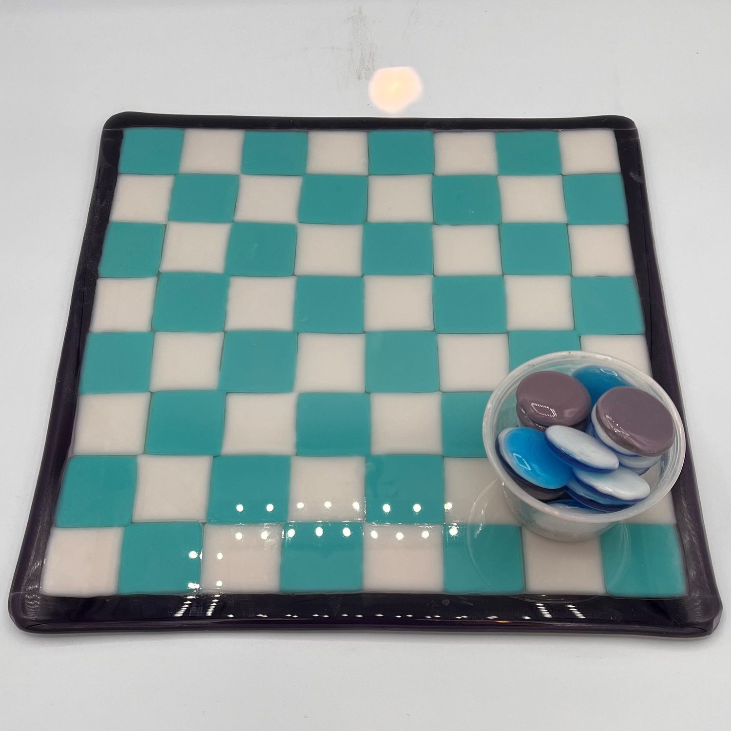 Courtney Malone, Fused Glass Checkers Board, Turquoise, Black and White Design