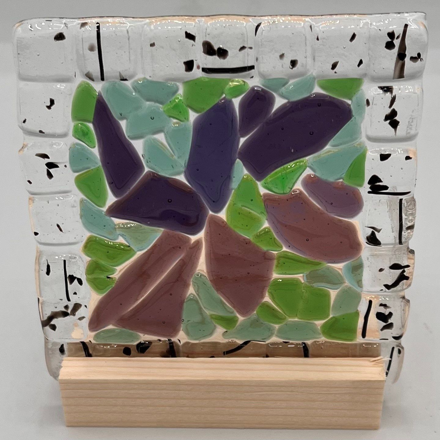 Brett Garrett, Fused Glass Stand Piece, Green, Purple and Black Design
