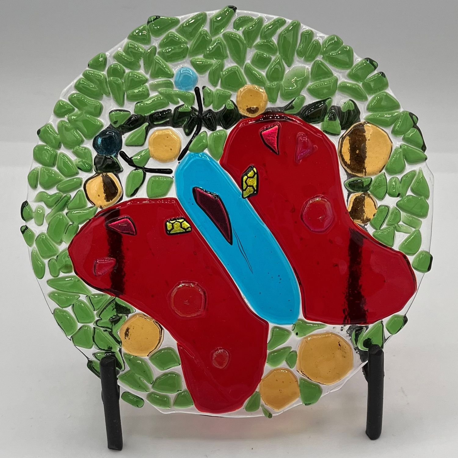 Andrea Walker, Fused Glass Stand Piece, Red and Blue Butterfly