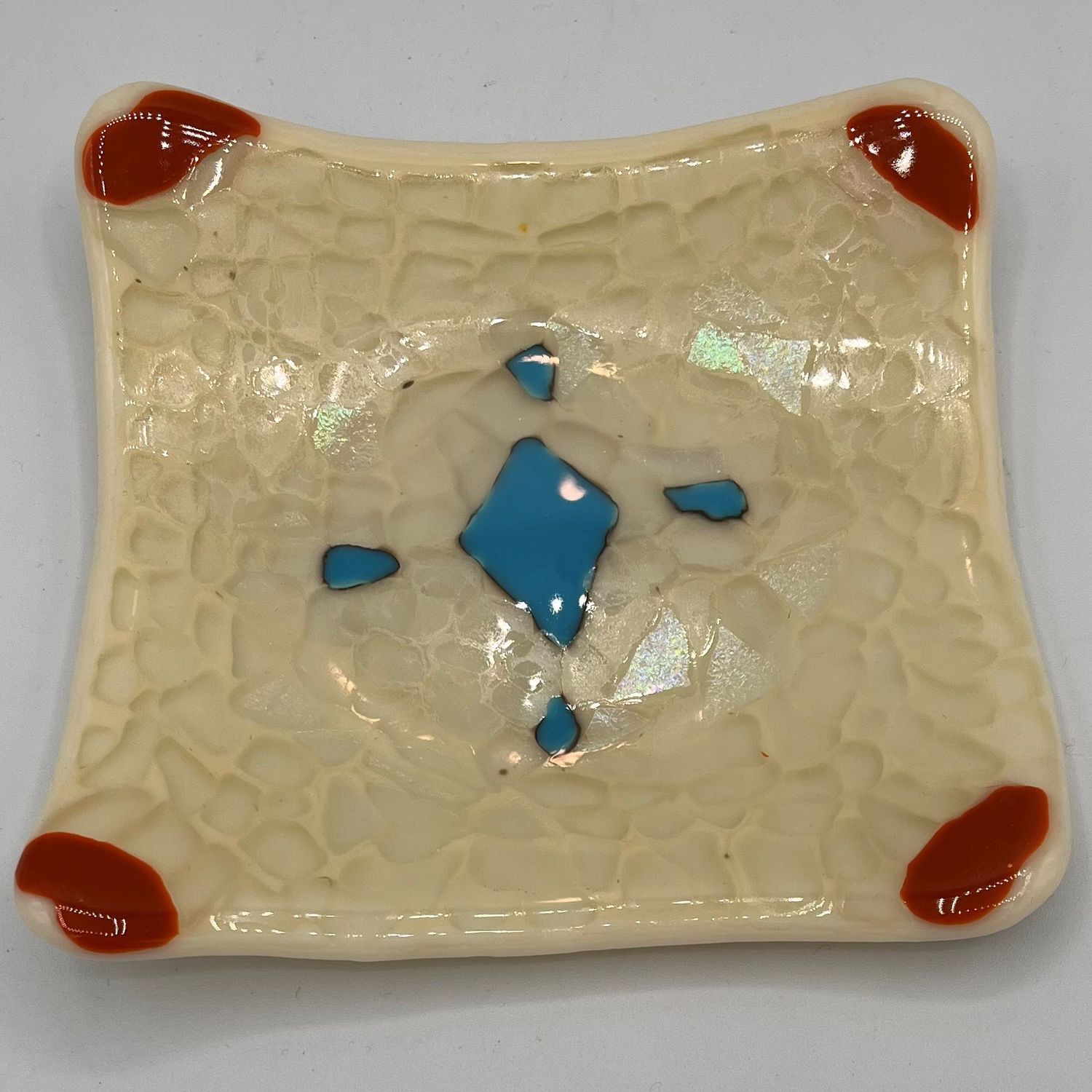 Evan Pohlman, Fused Glass Dish, Brown, White and Blue Design
