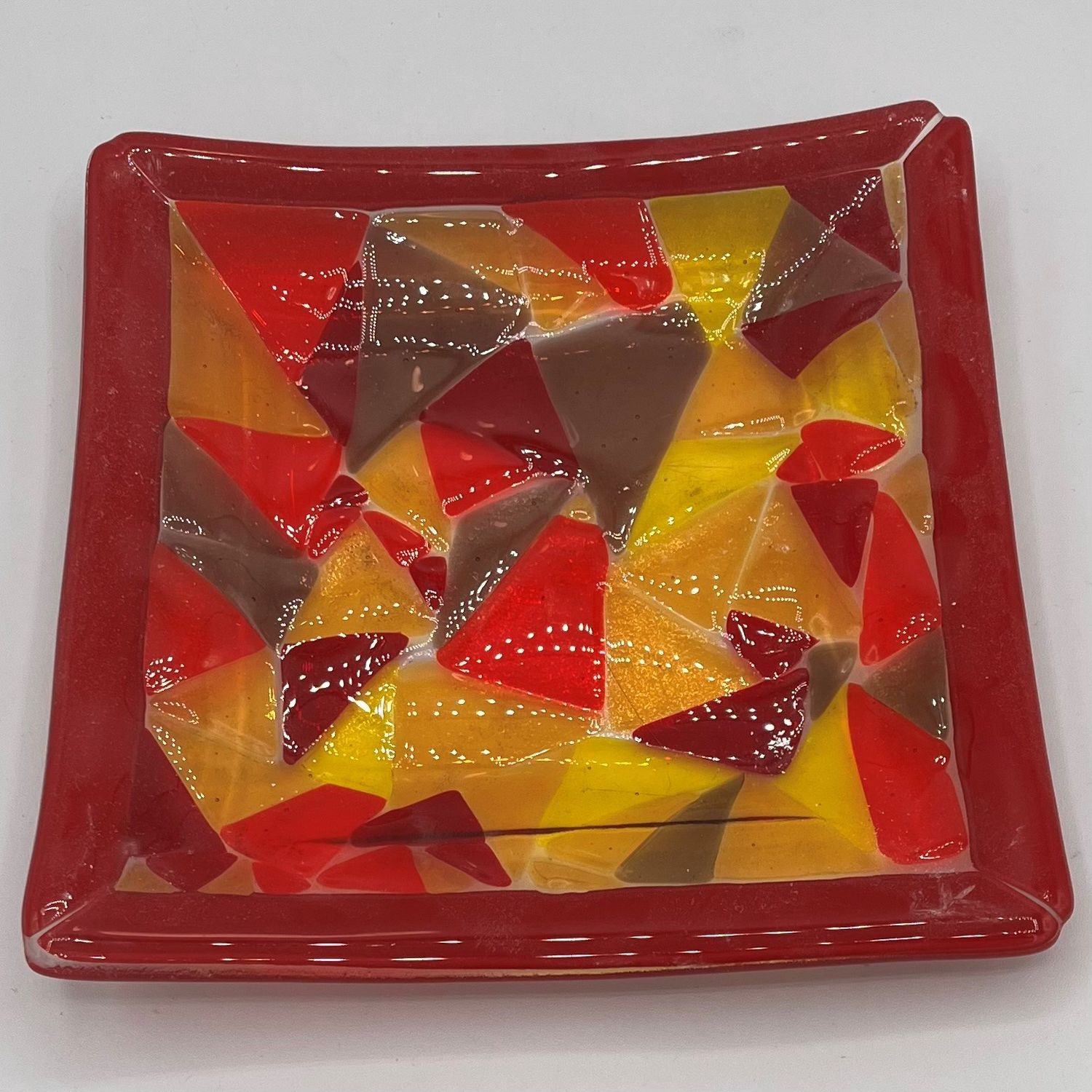 Sarah Alward, Fused Glass Dish, Red, Orange, Yellow and Brown Shapes