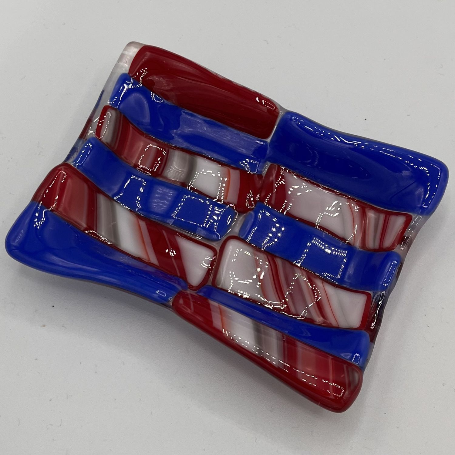 Jonathan McDowell, Fused Glass Soap Dish, Red, White and Blue Bricks