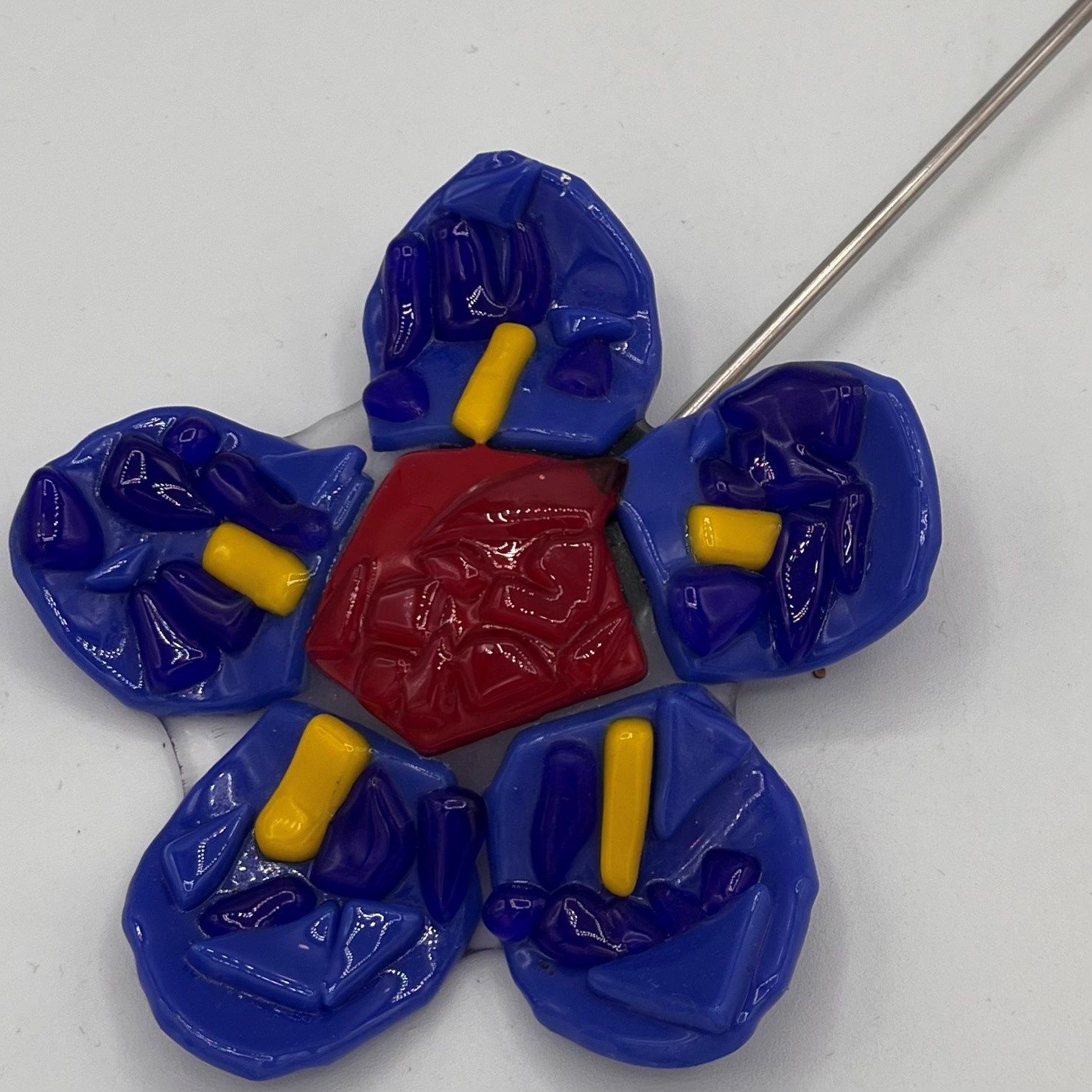 Steve Gall, Fused Glass Garden Stake, Blue and Red Flower