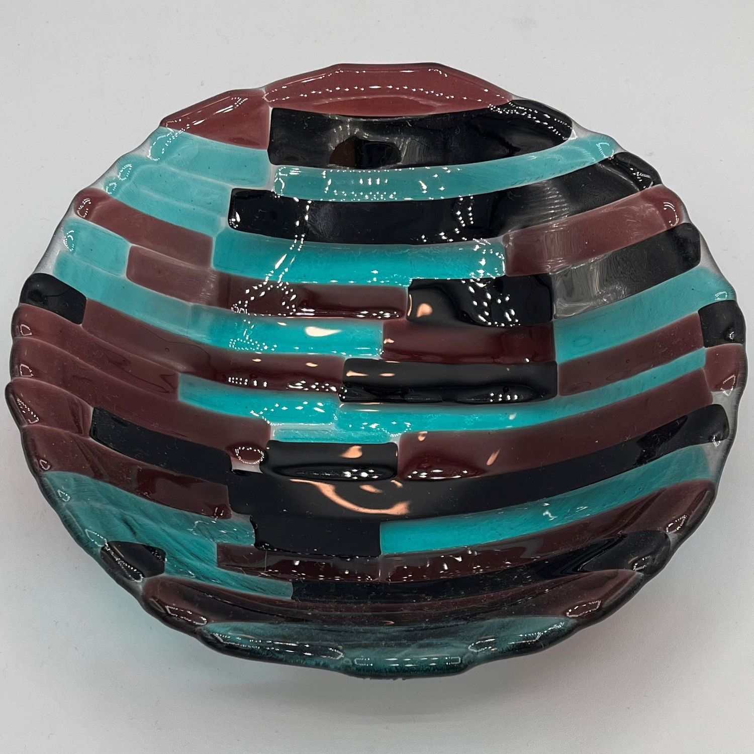 Jonathan McDowell, Fused Glass Bowl, Blue, Purple and Black Rectangles
