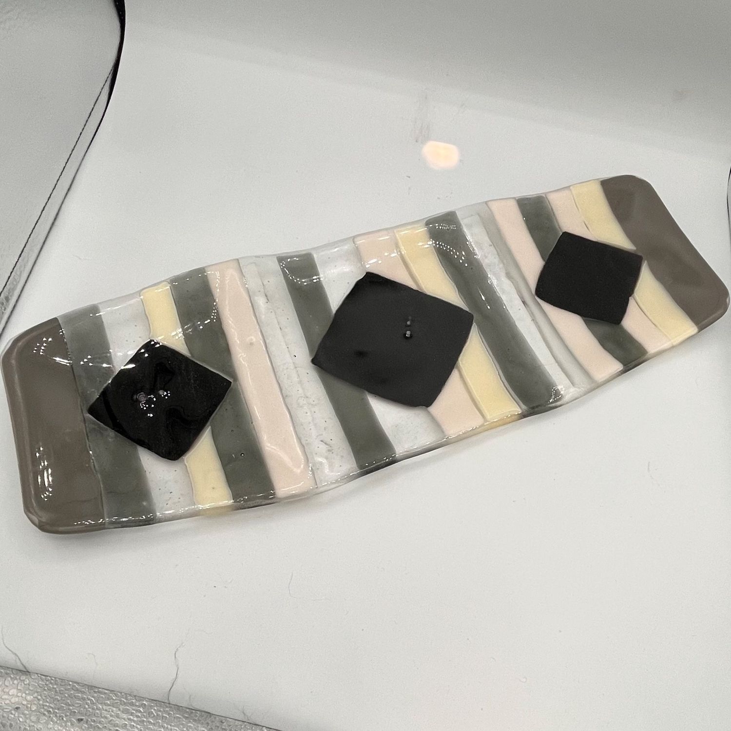 Meredith Bokeno, Fused Glass Dish, Black Diamond and Multi-Color Stripes