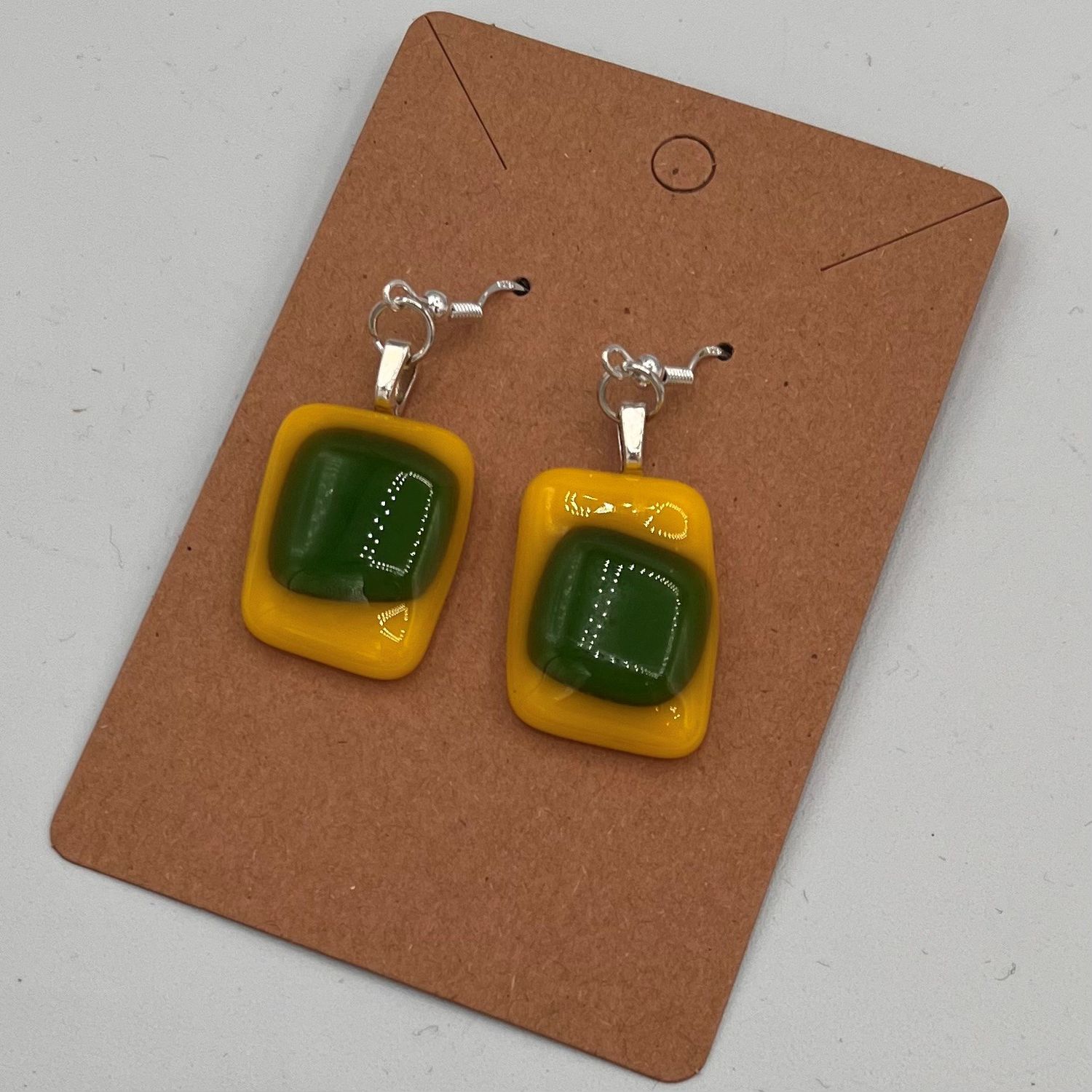 Alphonso Rowe, Fused Glass Earrings, Yellow and Green Rectangles