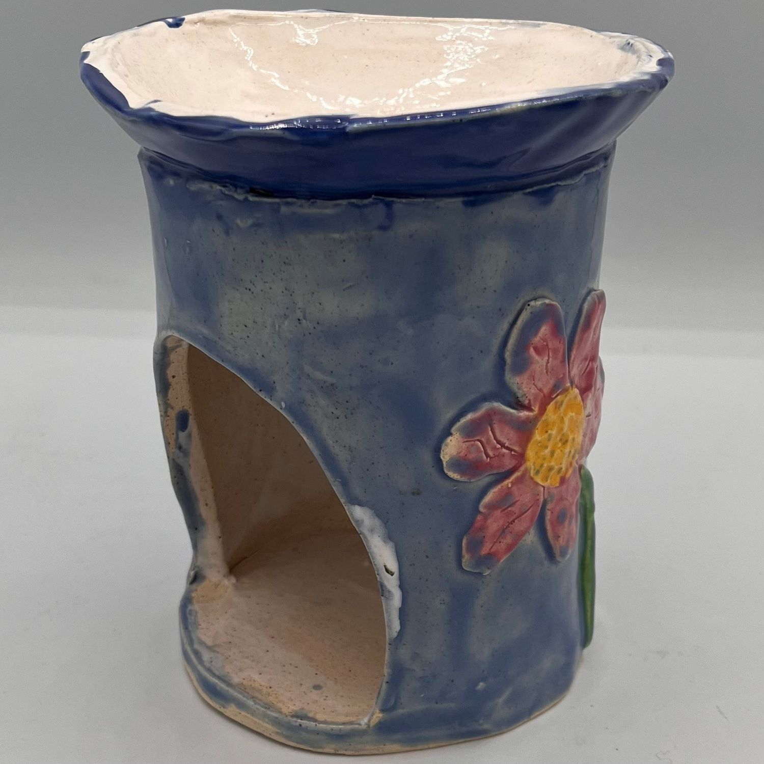 Bobbie Jo Robinson, Ceramic Candle Holder, Pink Flower on Blue Background
