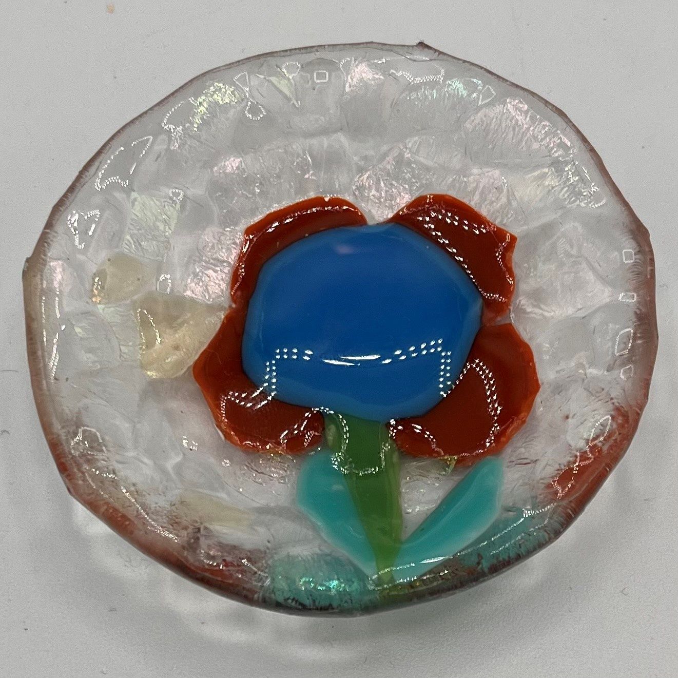 Erin Williams, Fused Glass Ring Dish, Brown and Blue Flower