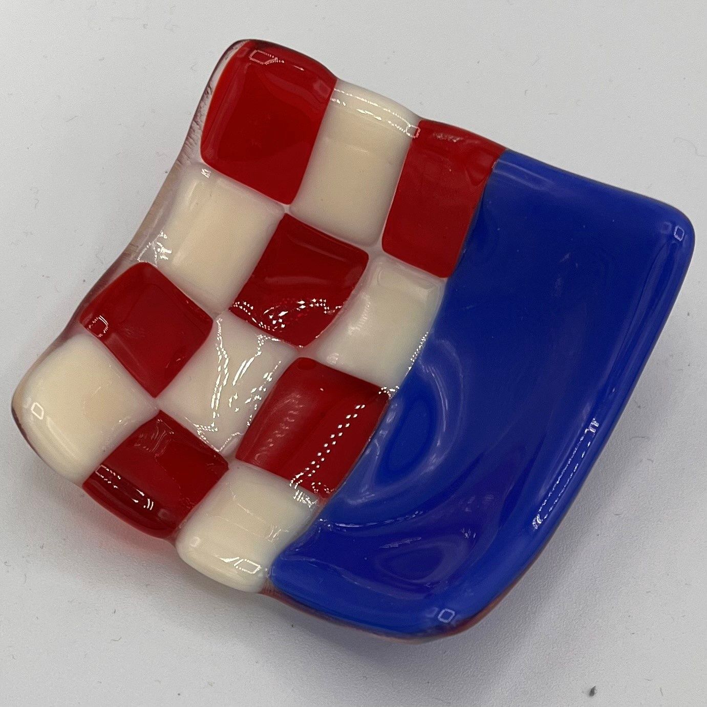 Mallory Miller, Fused Glass Ring Dish, Red and White Squares, Blue Rectangle