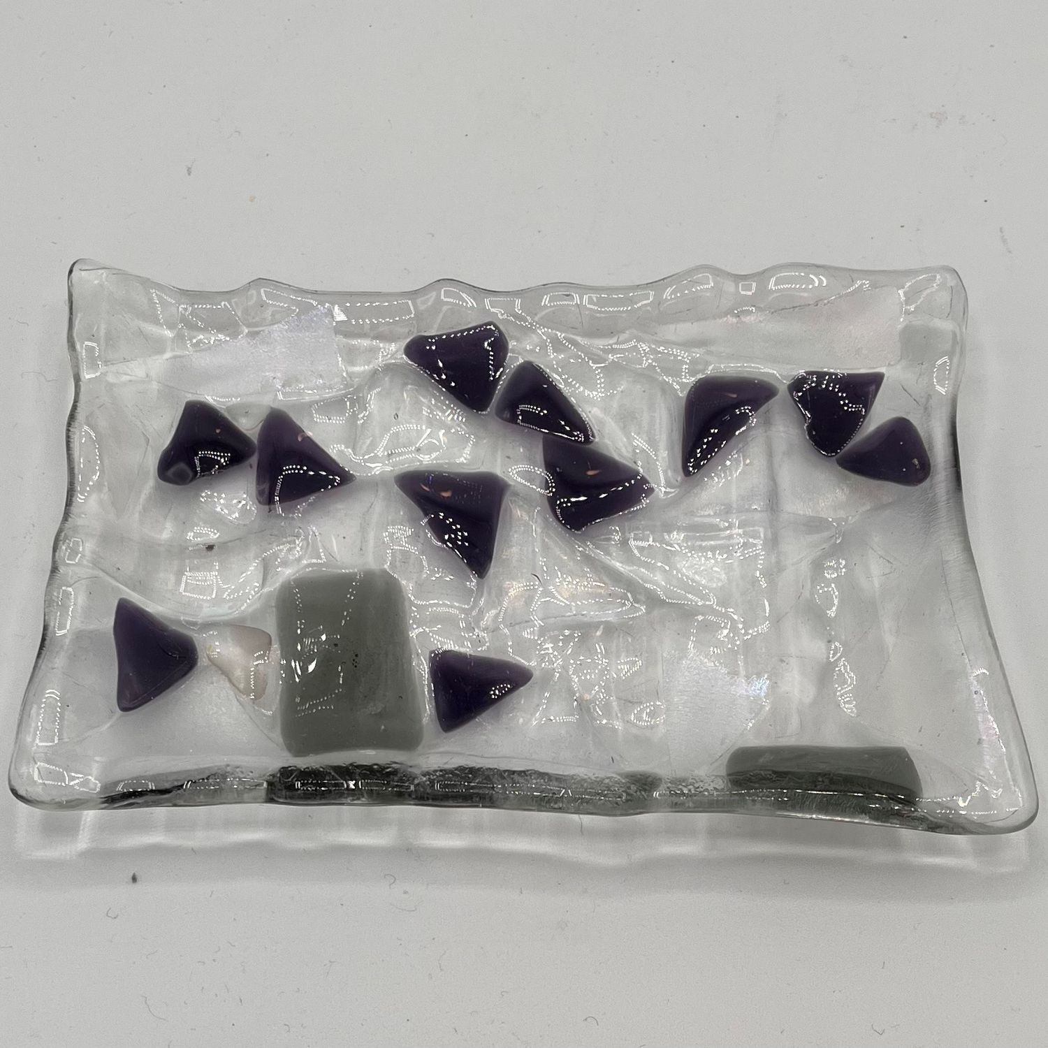 Lake Barlow, Fused Glass Dish, Purple Triangles and Grey Rectangles