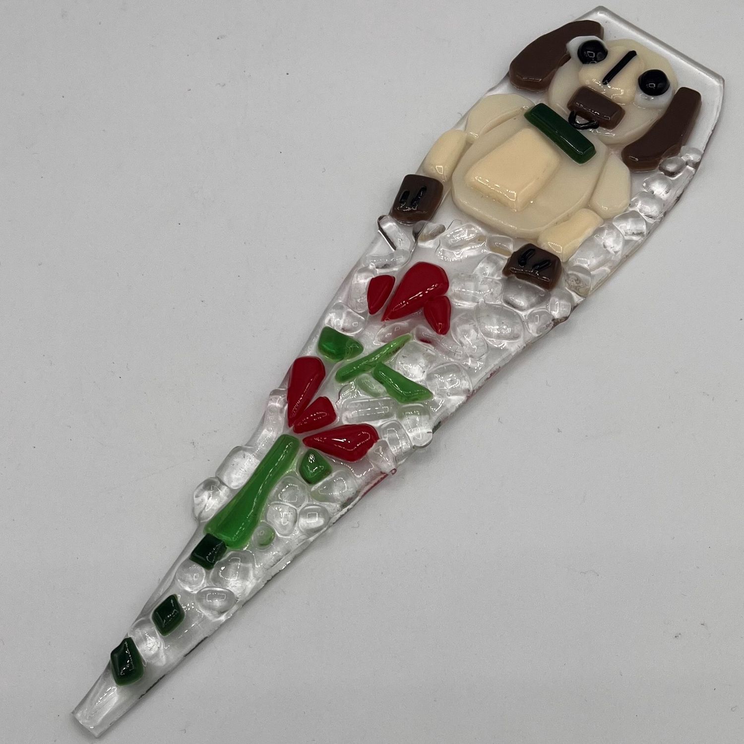 Jody Mann, Fused Glass Garden Stake, Brown and White Puppy